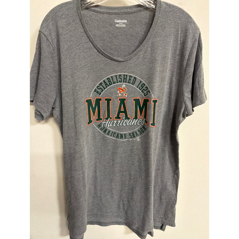 Captivating Miami Hurricanes Graphic T-Shirt Grey Scoop Neck Sebastian Ibis L
